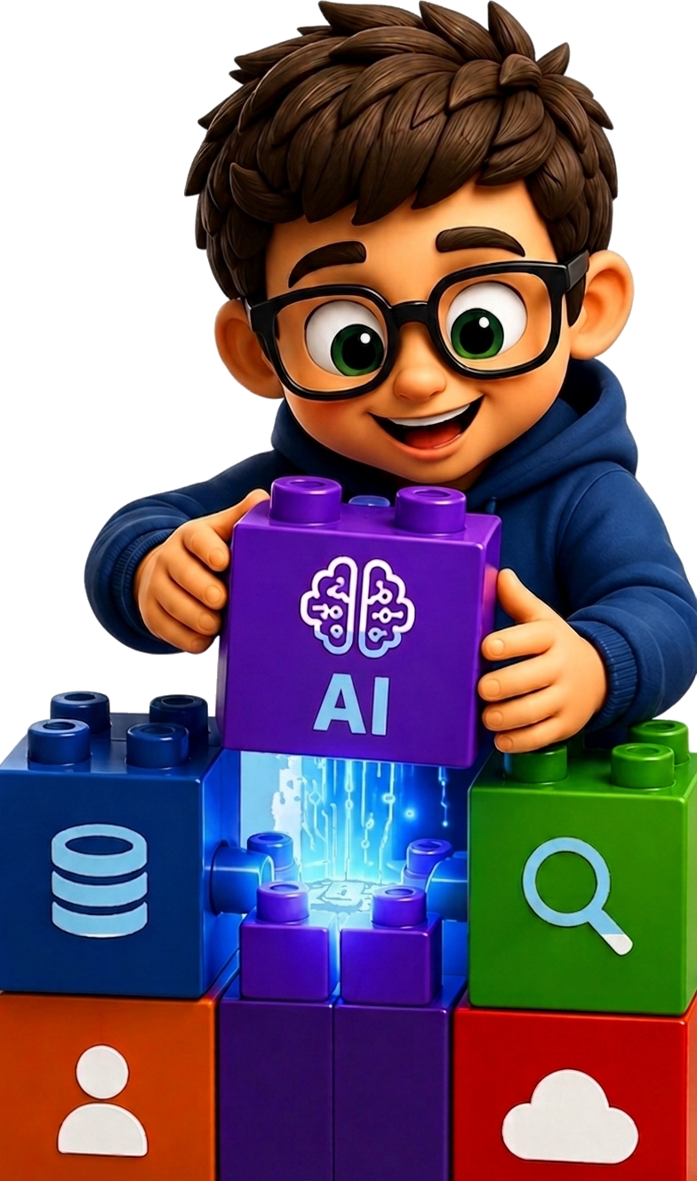 Blu, Bluey’s mascot, assembling AI blocks