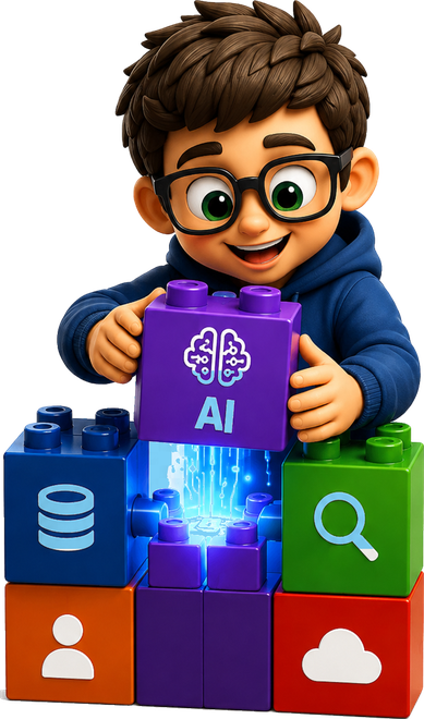 Blu, the Bluey mascot, snapping the AI block into place