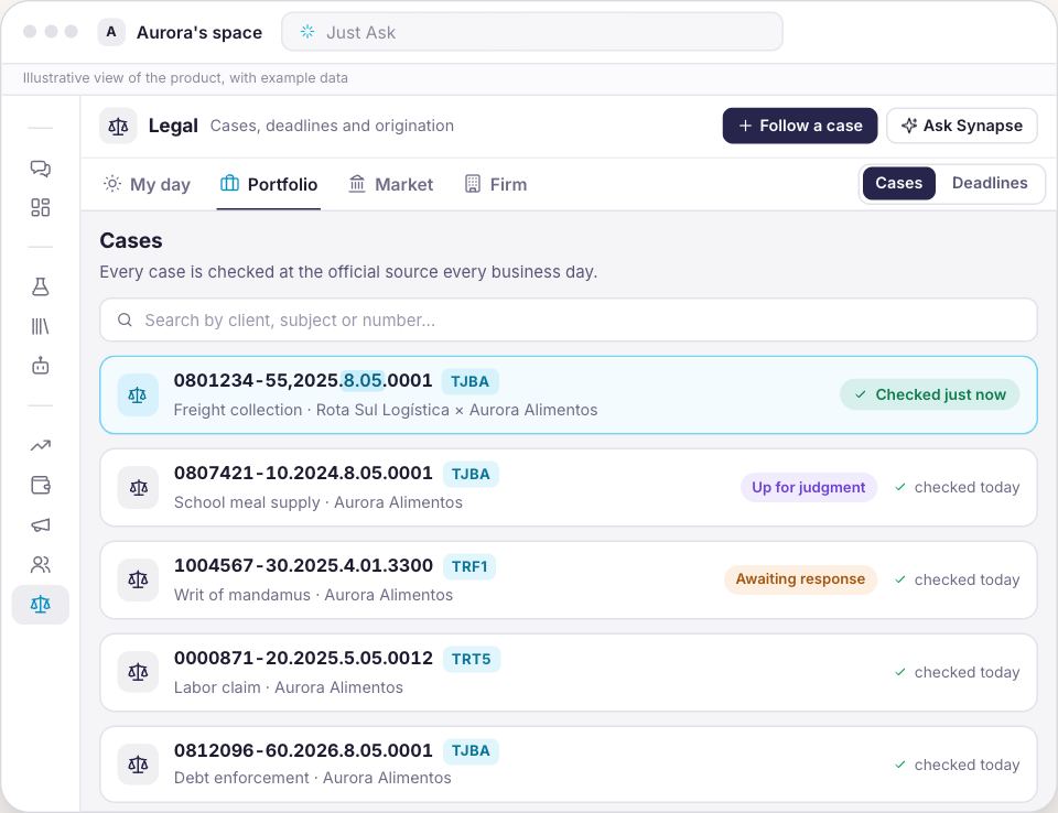 Synapse Legal screen following a case, with example data